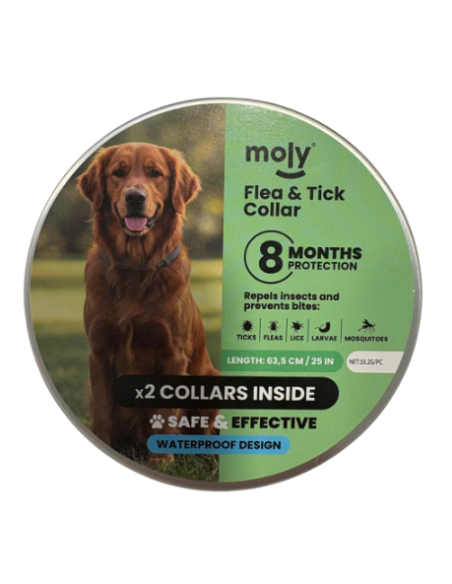 Collar REPELENTE natural Moly | Aceites esenciales contra mosquitos, pulgas, garrapatas y larvas- Lata con 2 collares