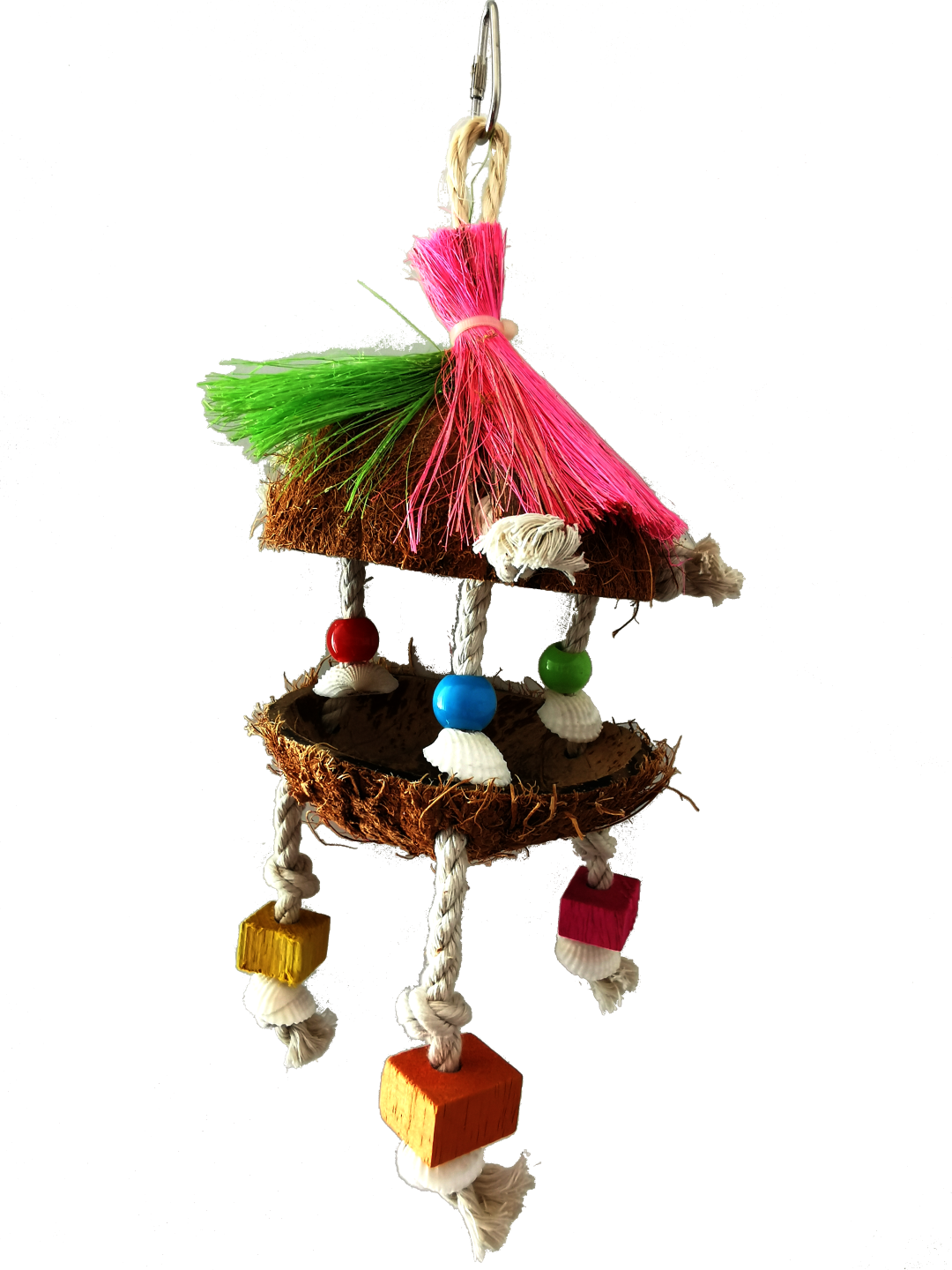 Juguete para pajaros interactivo coco-fibras-conchas 28x10 cm