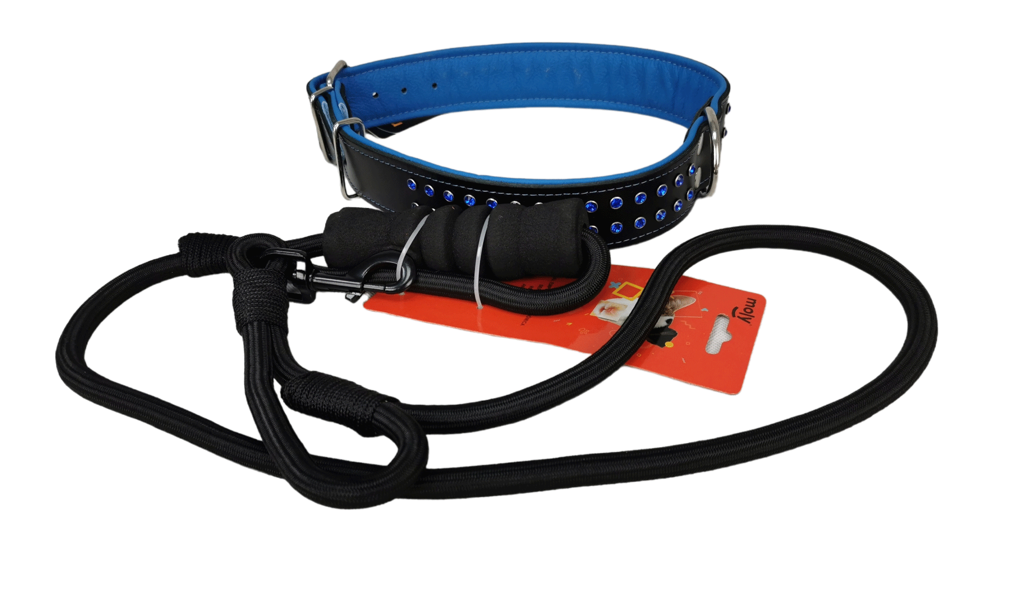 Collar para perros de piel con pedreria y ramal anti tirones
