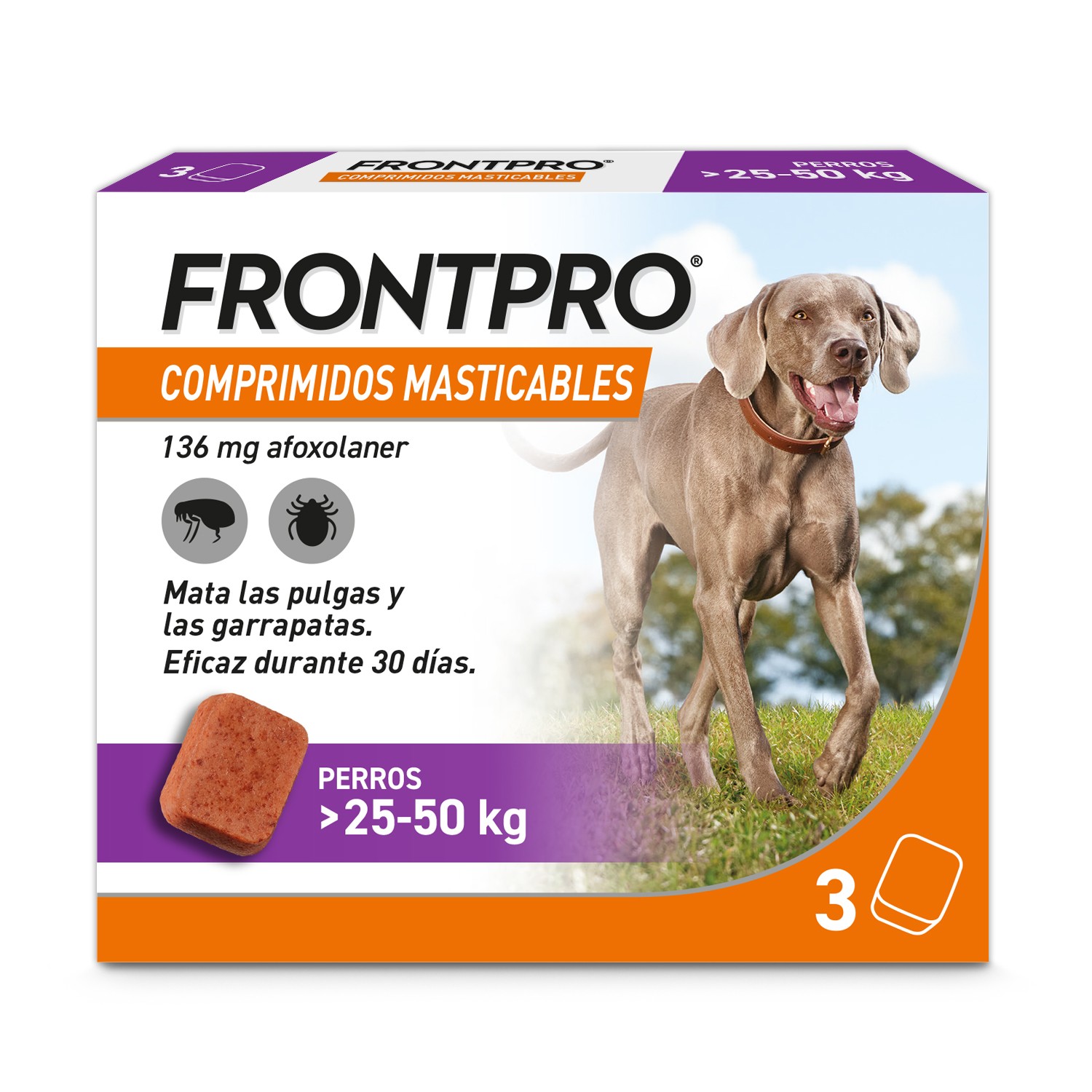 Frontpro 25-50 kg comprimidos masticables elimina pulgas y garrapatas